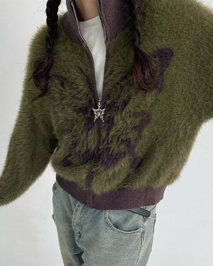 Butterfly Print Fuzzy Bomber