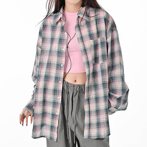 Pink and Green Plaid Button-Up Shirt