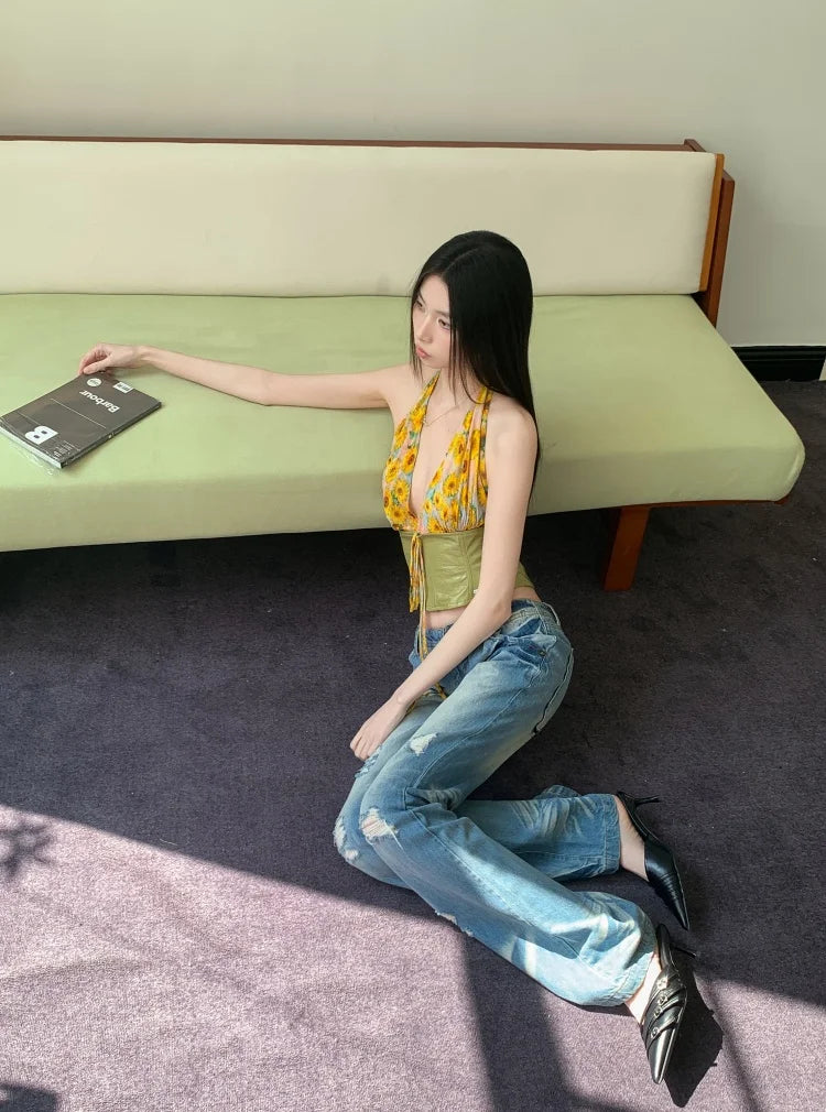 Floral Tie Front Halter Crop Top