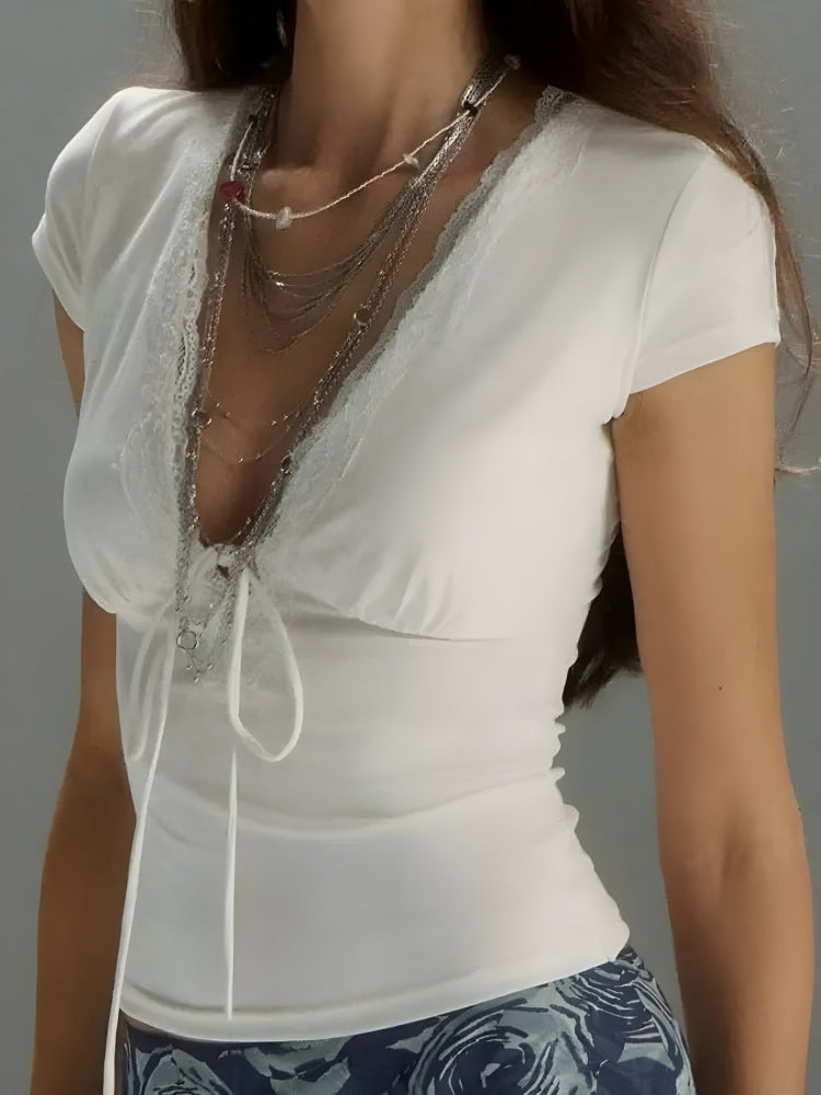 Lace Trim Tie Front Top