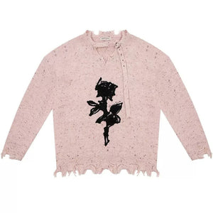 Distressed Rose Print Sweater