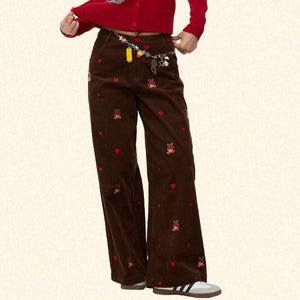 Bear Embroidery Cord Pants