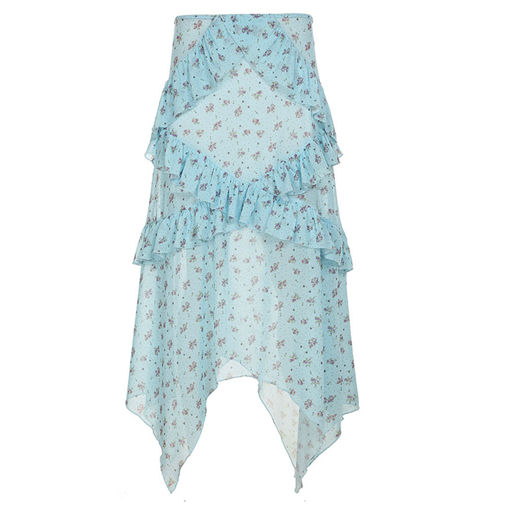 Cottagecore Floral Ruffle Maxi Skirt