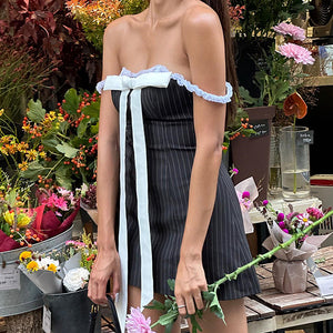 Bow Lace Striped Mini Dress