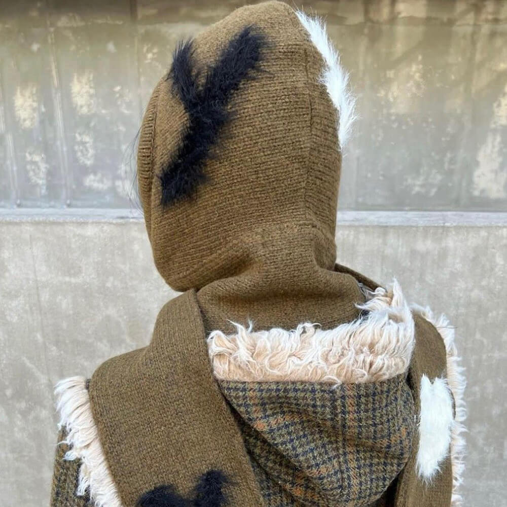 Fuzzy Heart Knit Hooded Scarf