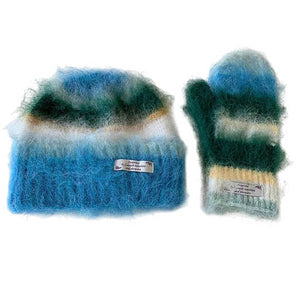 Fuzzy Striped Beanie Hat & Gloves Set