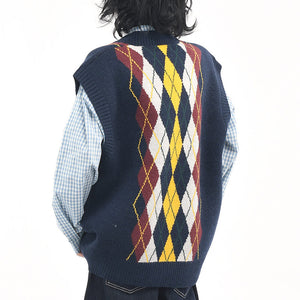 Oversized Argyle V-Neck Grandpa Knit Vest