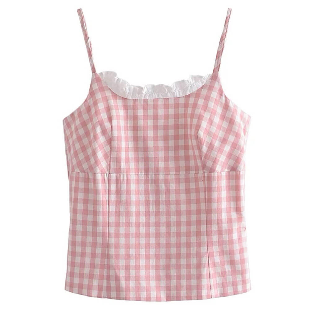 Pink Gingham Lace Trim Cami Top