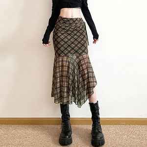 Plaid Asymmetrical Mesh Skirt