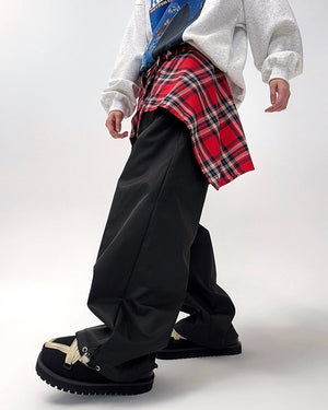 Plaid Shirt-Tied Baggy Trousers