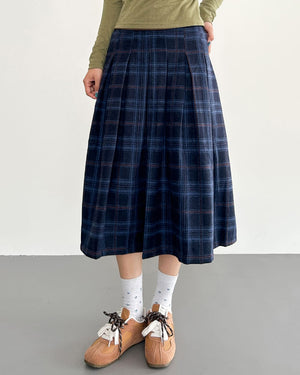 Preppy Style Plaid Pleated Midi Skirt