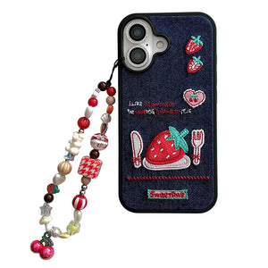 Strawberry Embroidery Denim iPhone Case