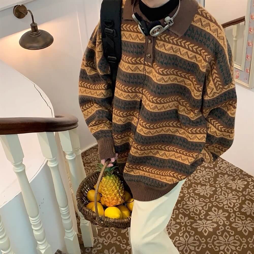 Striped Pattern Grandma Collar Sweater