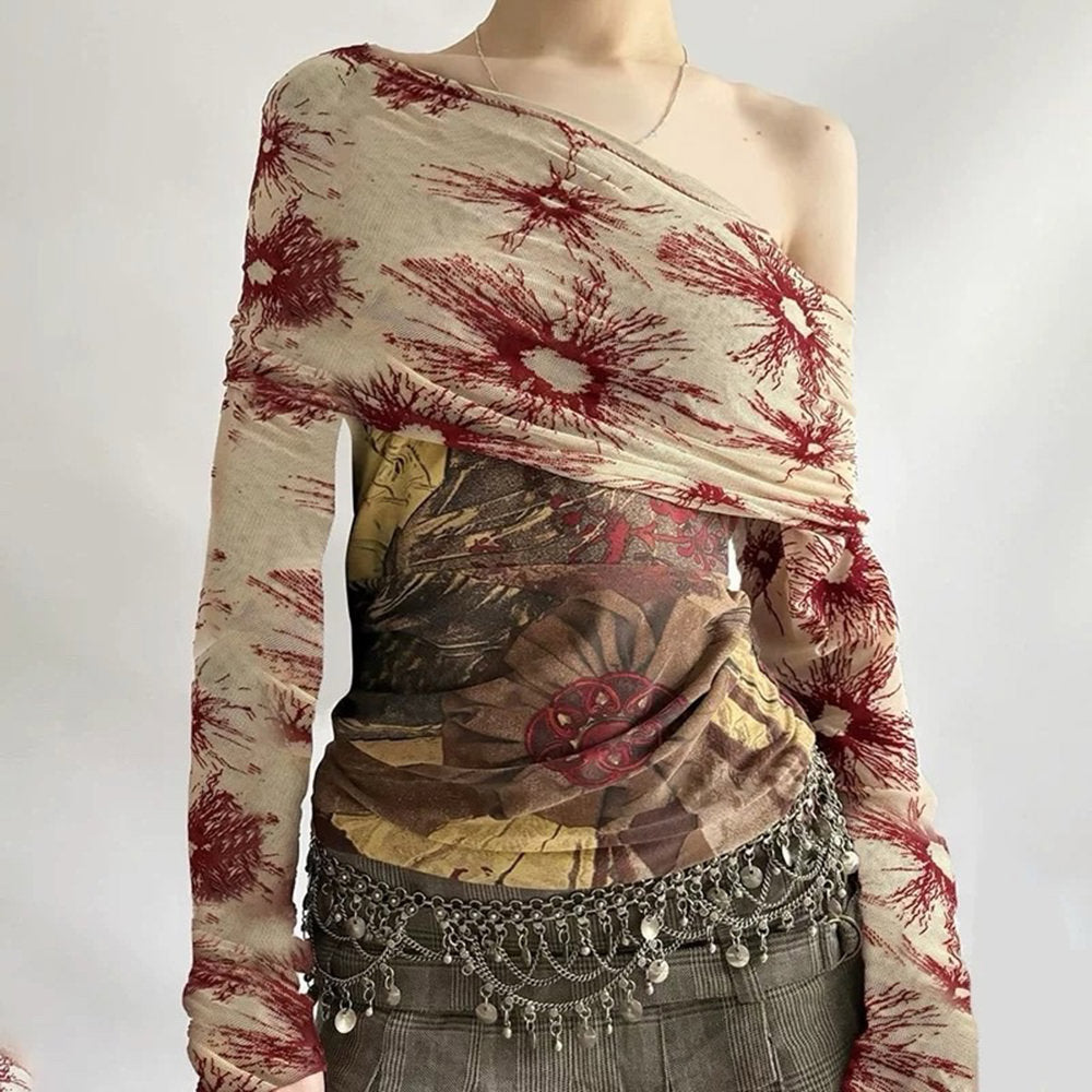 Sun Print Mesh Off-Shoulder Top