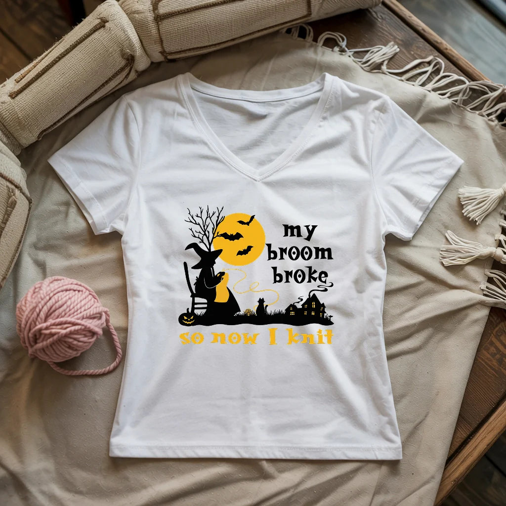 Broom Broke Knitting Witch Lady V-neck