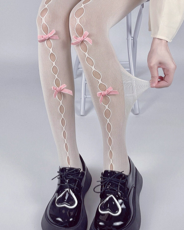 White & Pink Bow Tights