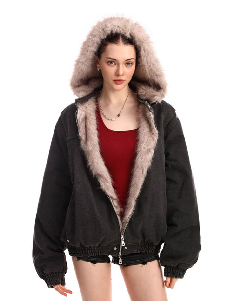 Y2K Faux Fur Bomber Jacket