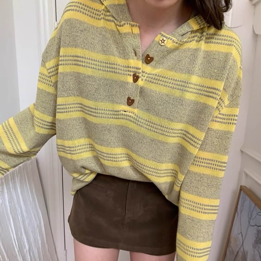 Yellow Striped Heart Buttons Hoodie